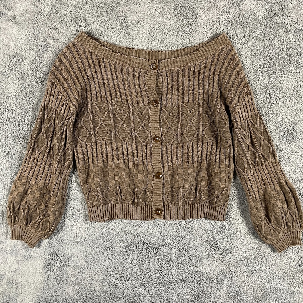 Gilded Intent Cardigan Sweater Womens L Brown Cable Knit Boat Neck Button Front
